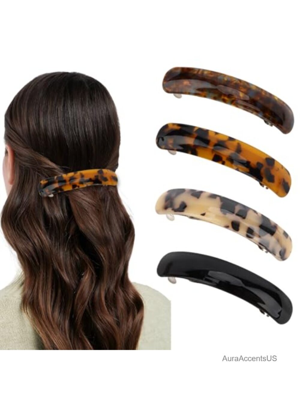 French Hair Barrettes for Women and Girls, 4 Pack Tortoise Acetate Hair Clips